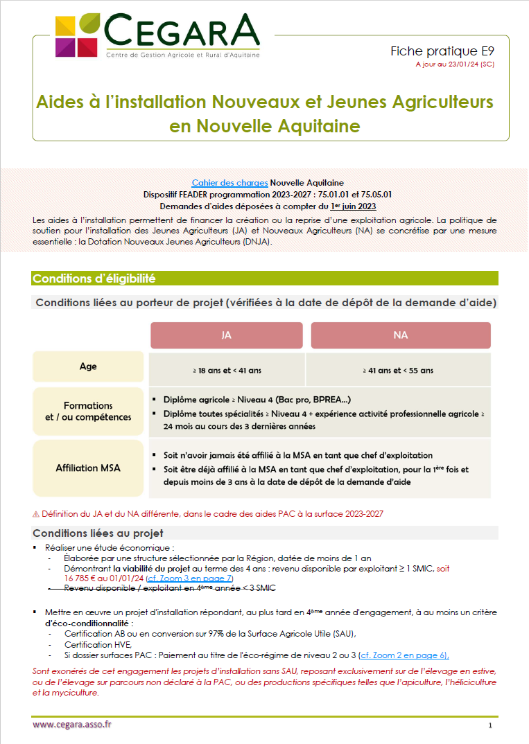 Aides à l'installation Nouveaux et Jeunes Agriculteurs en Nouvelle Aquitaine